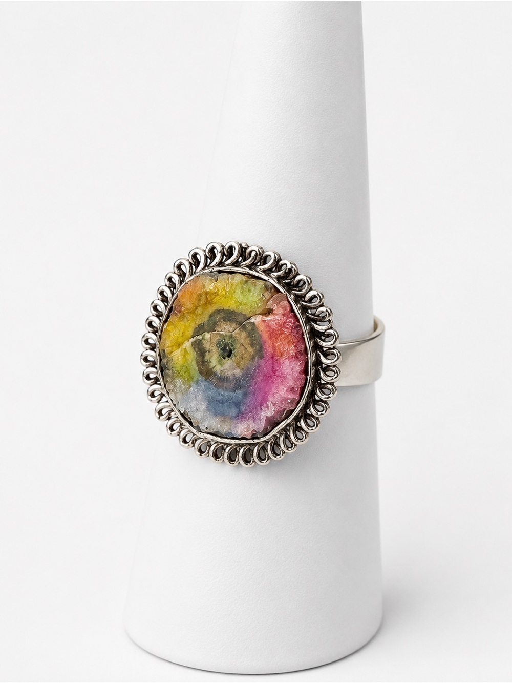 Handcrafted Multicolor Stone Ring - Women's Silver Band